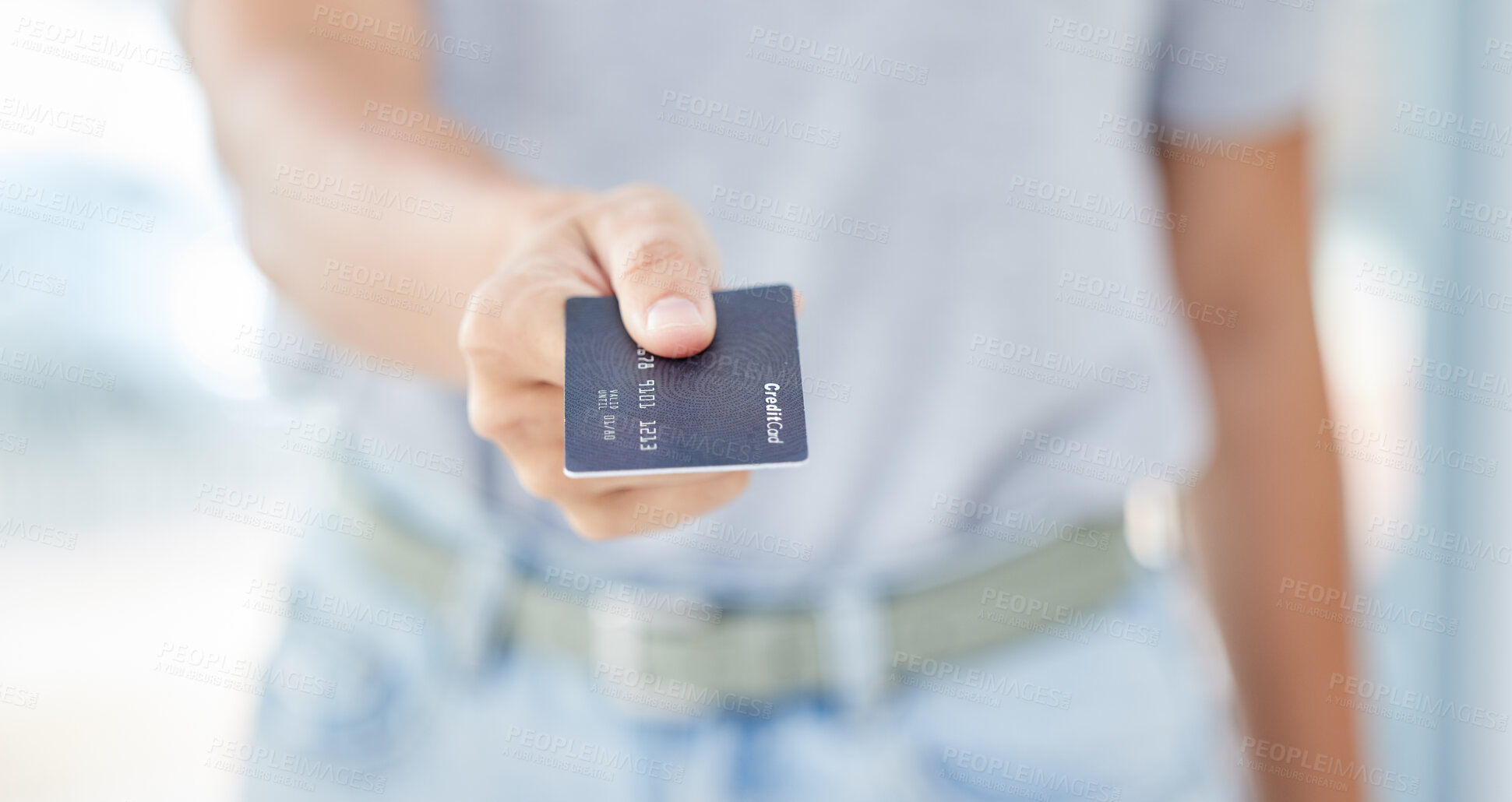 Buy stock photo Woman hands giving credit card for money, finance and payment for shopping, capital investment and trade. Closeup of customer, commerce wealth and banking exchange from atm account for sales economy