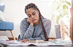 Study, sticky note and books for tired girl studying for university, college or school final exam test. Education, learning and black woman or scholarship student with burnout from reading notebook