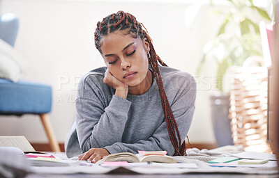 Buy stock photo Study, sticky note and books for girl studying for university, college or school final exam test. Education, learning and black woman or scholarship student working, focus and  reading notebook