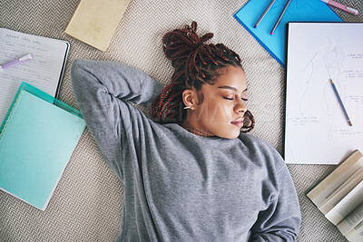 Buy stock photo Student, sleeping and burnout with study books on house living room, home interior and bedroom floor. Top view of black woman, fashion designer or art university person tired after education learning