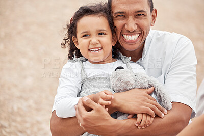 Buy stock photo Happy family at beach, father gives kid a hug with smile on her face and laughing with dad. A summer getaway, traveling the world on vacation with family and holidays with friends is a great a break 