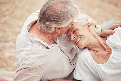 Buy stock photo Retirement, love and forehead kiss with couple together for care, relationship and milestone. Happiness, support and relax with married elderly man kissing old woman, on her head for romance holiday
