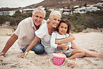 Beach, family and love with a girl and her grandparents on the beach together for fun, bonding and holiday. Travel, vacation and smile with a happy senior couple and their granddaughter on the sand