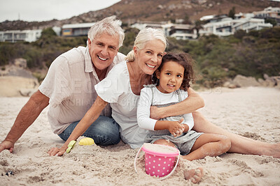 Buy stock photo Beach, family and love with a girl and her grandparents on the beach together for fun, bonding and holiday. Travel, vacation and smile with a happy senior couple and their granddaughter on the sand