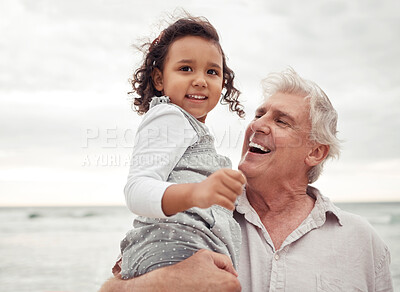 Buy stock photo Beach, happy and elderly man with his grandchild on a family vacation during spring time. Travel, happiness and retired grandfather holding a girl child in nature by the sea while on holiday.