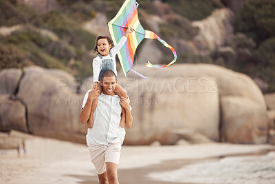 Buy stock photo Family, kite flying and beach vacation with father and daughter walking while carrying on shoulders and enjoying a summer vacation or holiday. Man and excited girl child playing with energy in nature