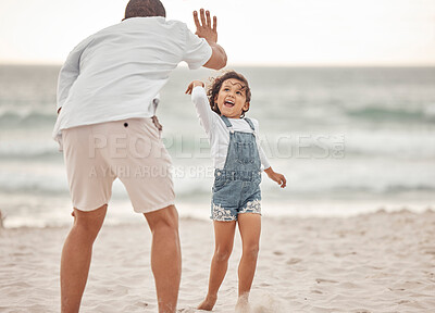 Buy stock photo High five, beach and father and daughter bonding near ocean water, having fun and playing in nature. Parent and child good time, enjoying freedom and their bond, happy vacation celebration in Mexico