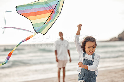 Buy stock photo Family, beach and kite with child running for summer holiday, happiness and childhood while father watches. Happy, youth and childhood with young girl playing with colorful toy at seaside vacation