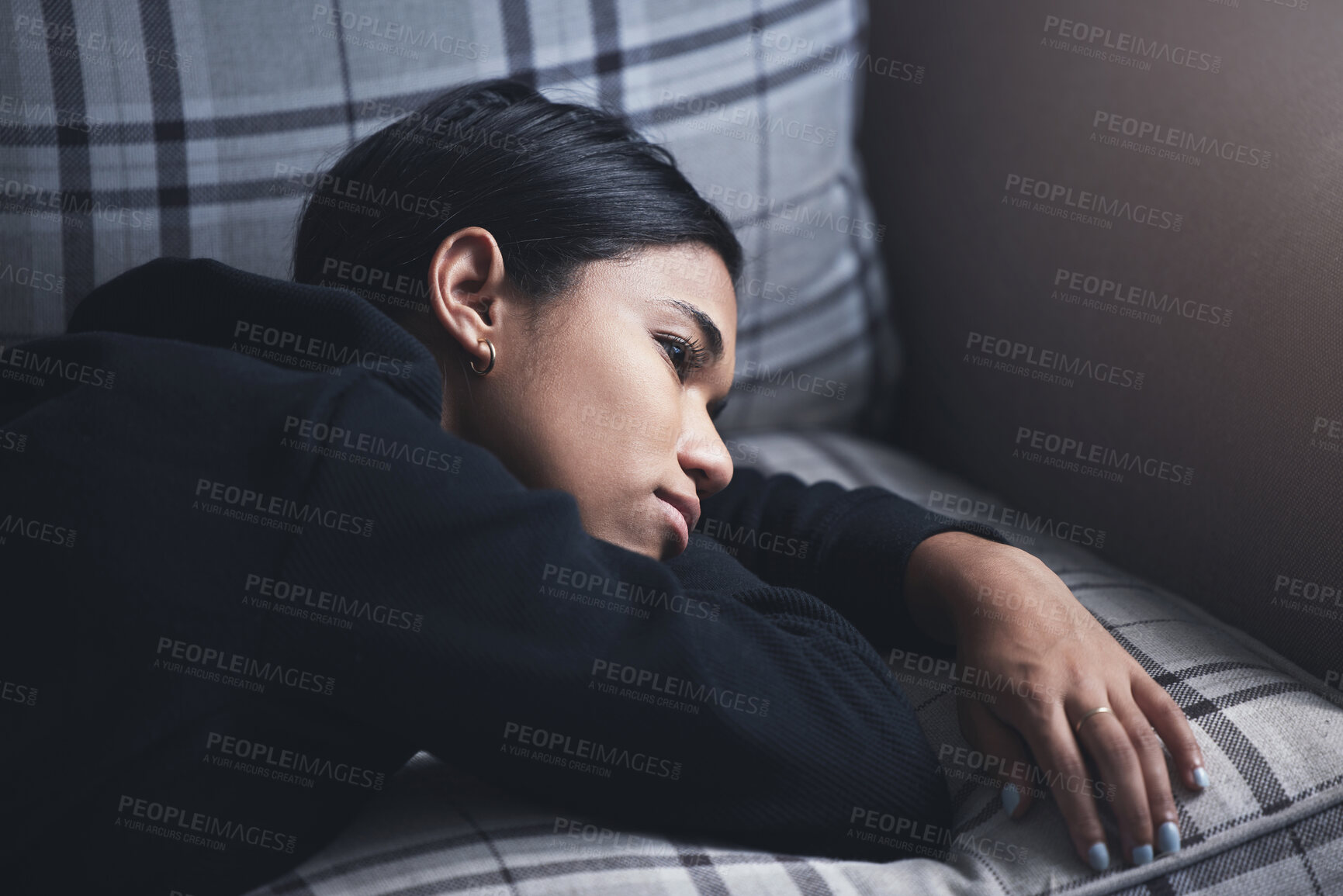 Buy stock photo Depression, mental health and woman thinking about a sad memory feeling upset and grief after suffering a loss. Stressed, depressed and disappointed girl worried about a personal problem on the sofa