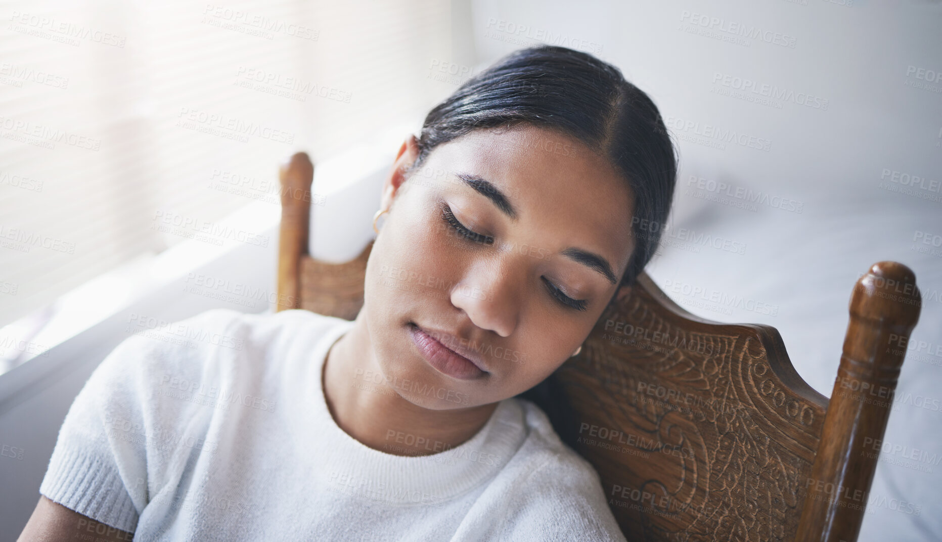 Buy stock photo Depression, tired and sleeping woman for mental health, anxiety and stress about life fail, crisis and trauma. Sad, depressed and lonely young person with psychology problem, burnout and sick fatigue