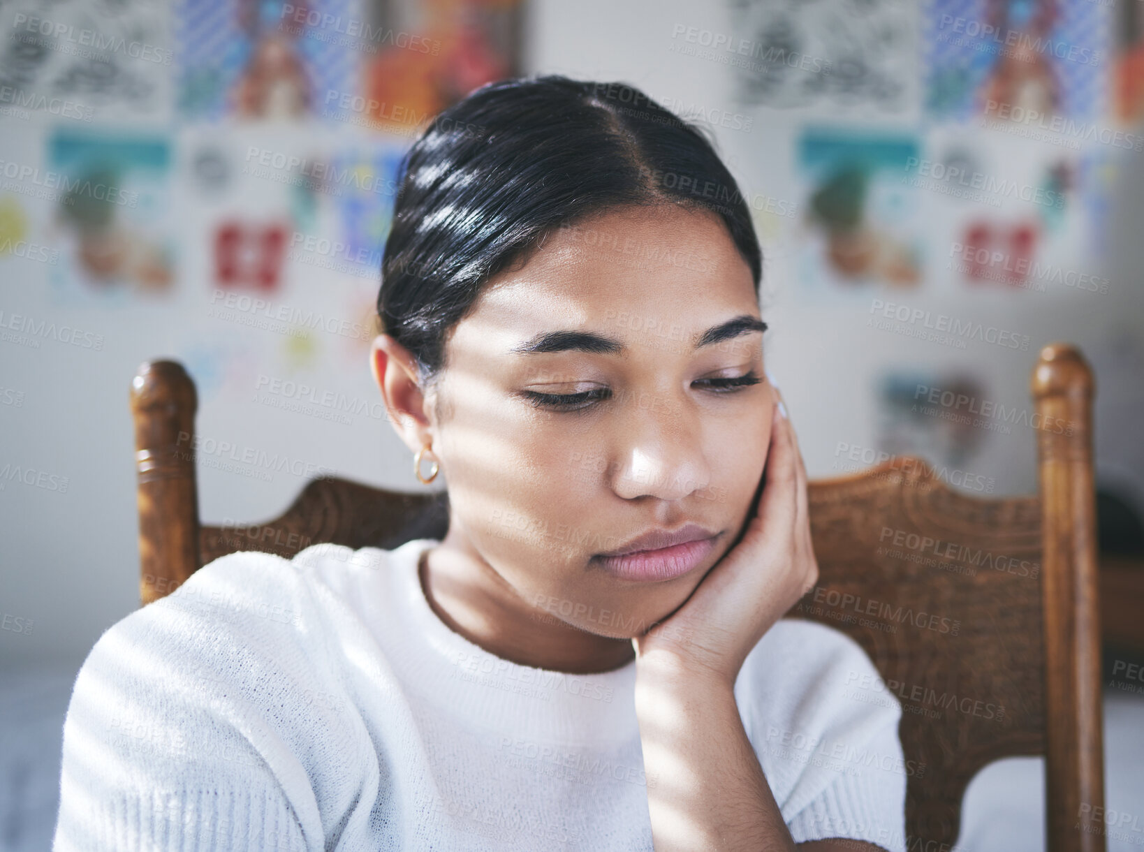 Buy stock photo Depression, anxiety and stress by woman thinking and looking sad, sitting and lonely in her bedroom. Young female suffering with mental health problem after a breakup, bad news or suicide thoughts