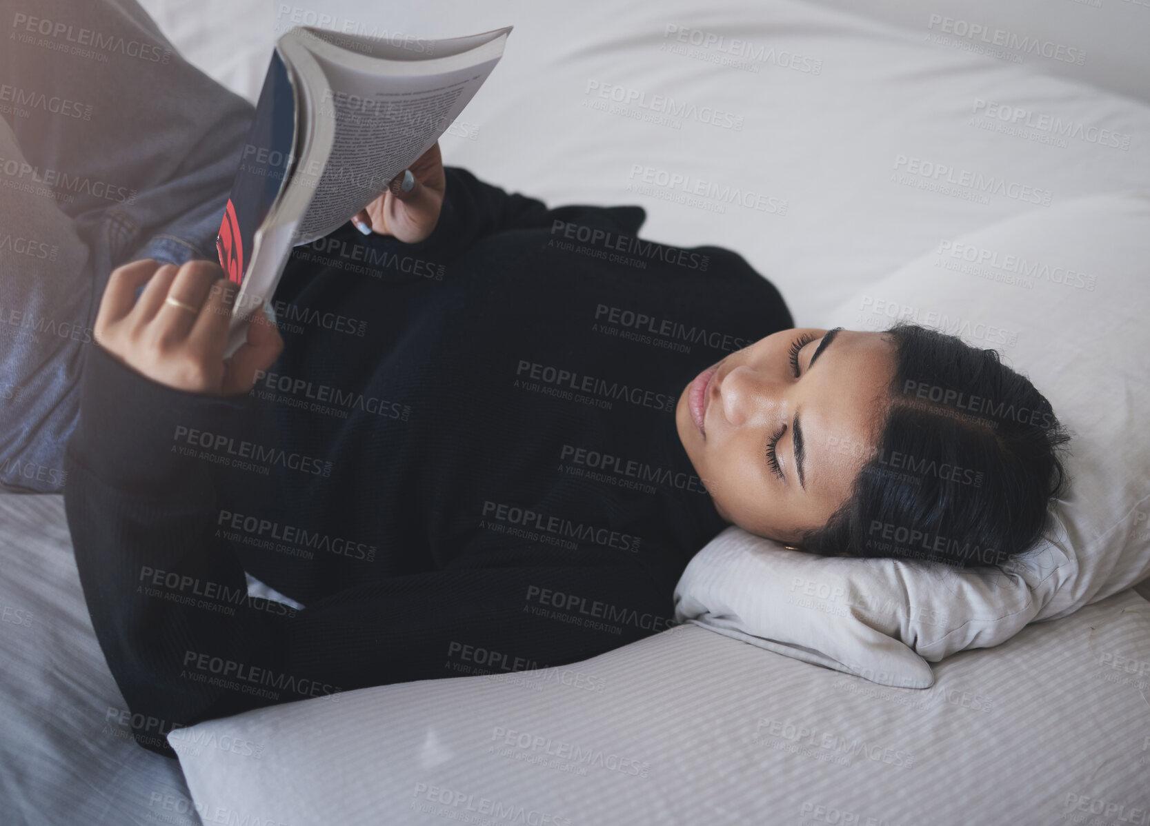 Buy stock photo Woman, student and reading book in bedroom for relax, learning and studying at home. Young teenager, college girl and person rest with books in bed for education, knowledge and fiction novel story