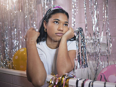 Buy stock photo Girl in bath thinking during party with bored, tired or frustrated expression on face. Woman in bathroom, with crown and glitter from birthday celebration, feel sad, annoyed or disappointed in house