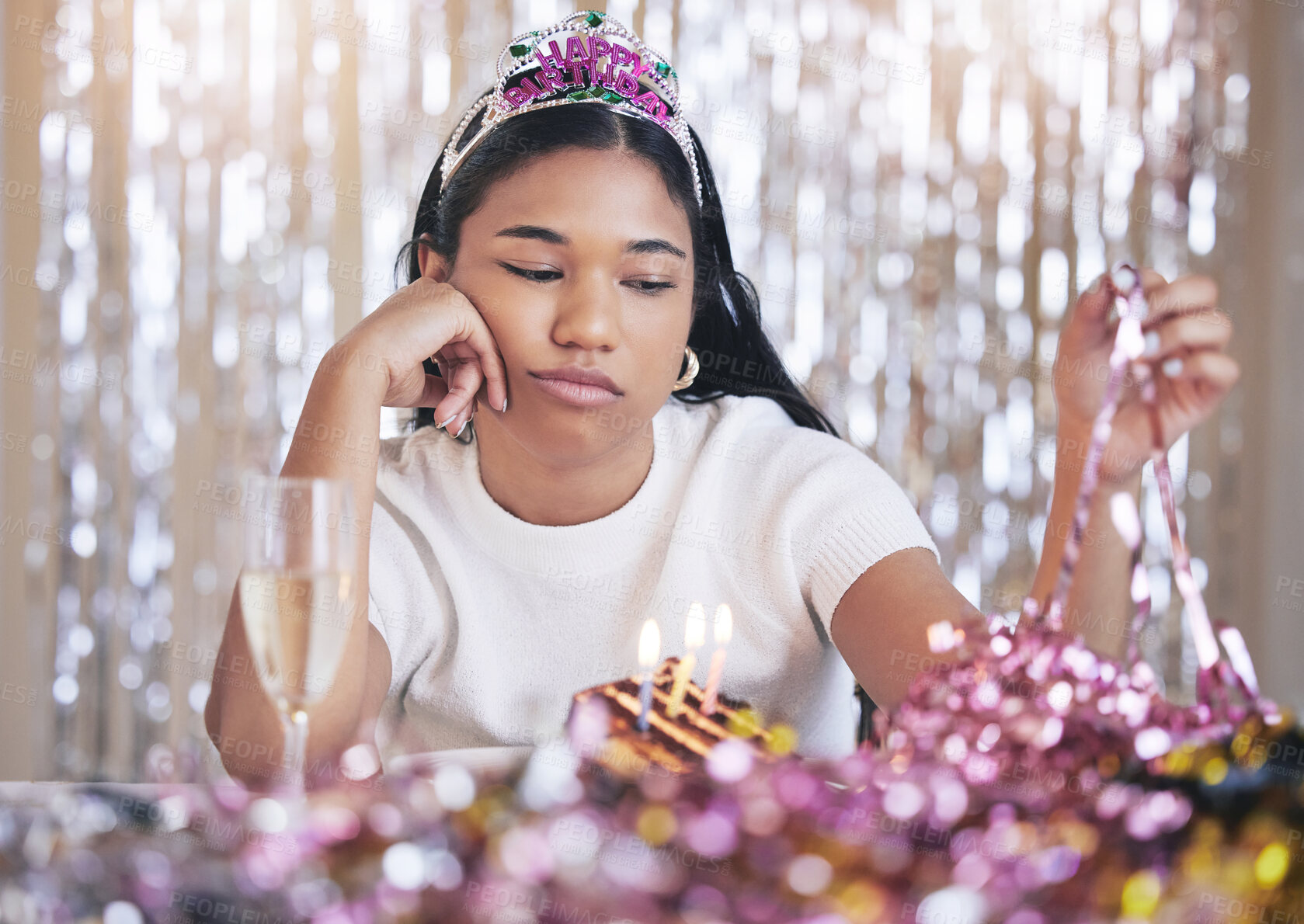 Buy stock photo Sad, lonely and depression woman birthday party event celebrate in isolation. Frustrated, waiting and anxiety young emotional female looking depressed, bored and angry about failed moody celebration 