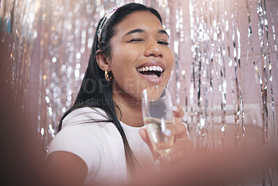 Buy stock photo Selfie, birthday party and celebration woman with champagne or sparkling wine glass for festival event. Happy, smile and Mexico girl celebrate and take photography with interior decoration background