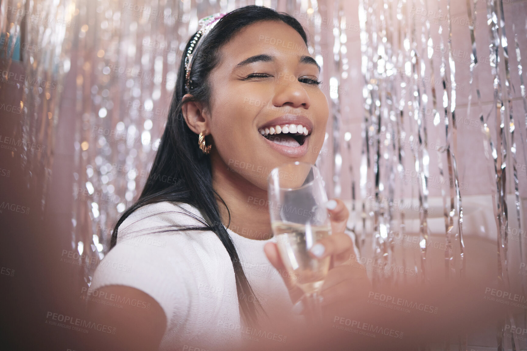 Buy stock photo Selfie, birthday party and celebration woman with champagne or sparkling wine glass for festival event. Happy, smile and Mexico girl celebrate and take photography with interior decoration background