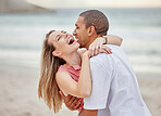 Happy, beach and couple hug to celebrate love, engagement ring and marriage at sea, ocean water or luxury vacation trip. Man and woman smile on date in celebration for surprise and joy summer holiday