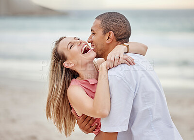 Buy stock photo Beach, hug and happy couple celebrate love, dating and marriage at sea, ocean water or luxury vacation travel. Man and woman smile on date in celebration for surprise and joy sunset summer holiday