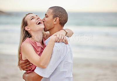 Buy stock photo Beach couple love, hug and kiss for summer vacation, happy marriage and lifestyle together. Laughing woman, playful man and interracial relationship enjoying ocean travel, holiday break and happiness