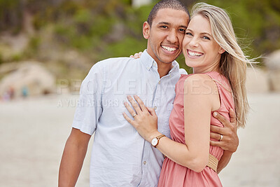 Buy stock photo Love, smile and couple outdoor portrait at the beach for the holiday vacation. Happy marriage with husband and wife or interracial people together for honeymoon, wellness and healthy lifestyle