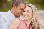 Happy couple smile, summer love outdoor travel in miami and young multicultural people. African black man hug with happiness, beautiful white woman laugh and natural bond time together in sunshine 