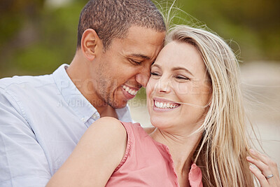 Buy stock photo Happy couple smile, summer love outdoor travel in miami and young multicultural people. African black man hug with happiness, beautiful white woman laugh and natural bond time together in sunshine 