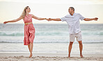 Love, beach and couple Happy, smile and romance, care and marriage relationship together. Summer, holiday and happiness with man and woman by the sea on travel vacation trip for freedom or honeymoon