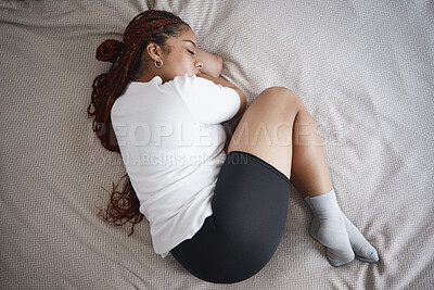 Buy stock photo Woman with depression, mental health and anxiety or stress about life fail, crisis or bullying trauma. Insomnia, sad and headache girl with fear, depressed and sleeping female in bedroom 