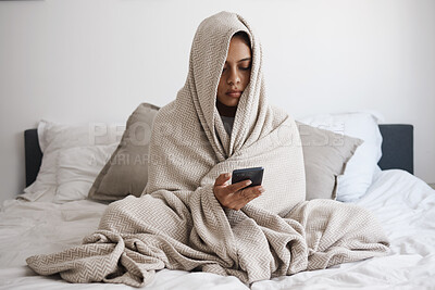 Buy stock photo Depression, anxiety and woman texting in bed, reading online social media bullying post, feeling alone in bedroom. Mental health, fear and sad female looking unhappy, vulnerable in emotional crisis