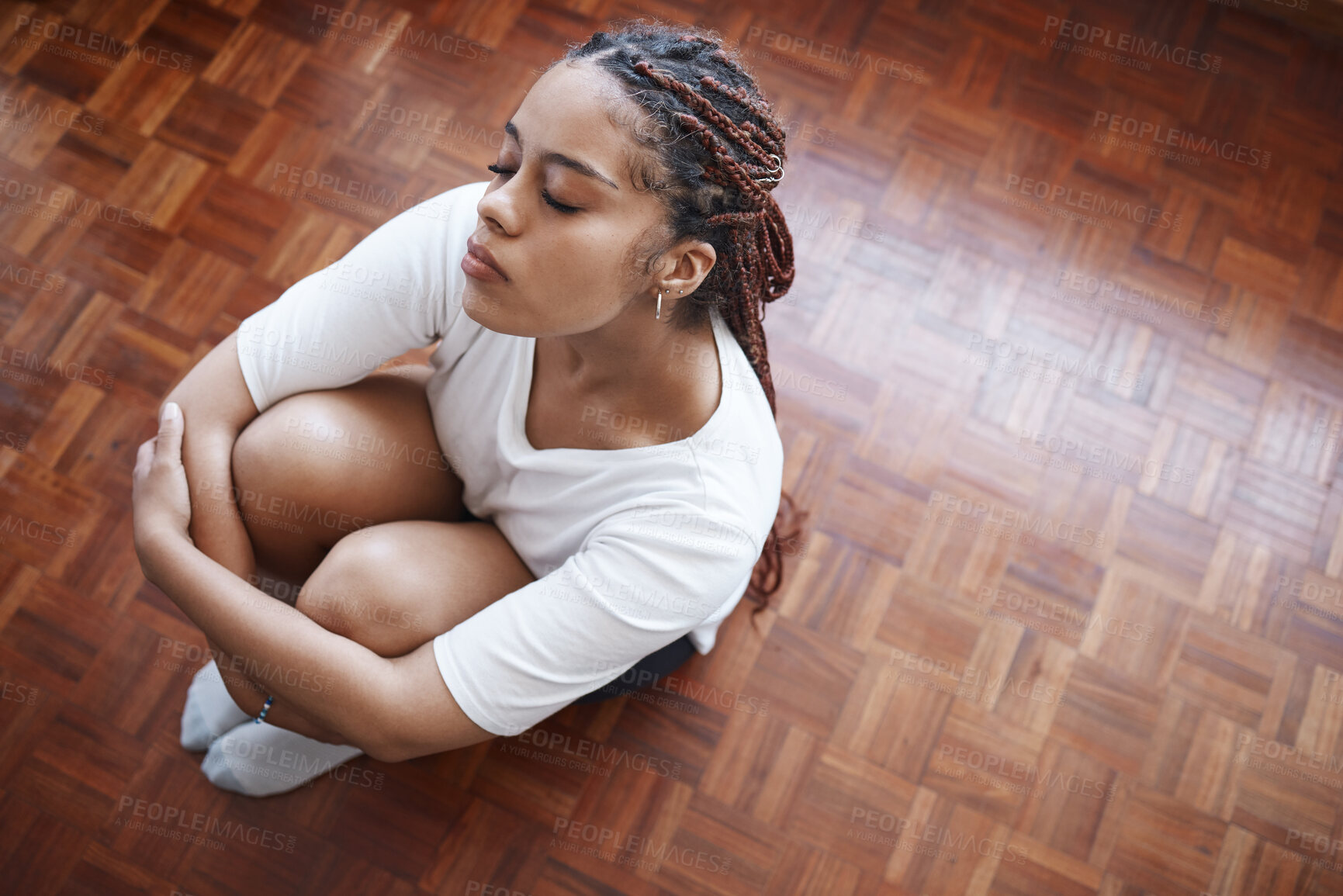 Buy stock photo Depression woman, mental health and anxiety with stress about life fail, crisis and trauma. Above sad, tired and lonely young person with emotional problem, panic attack and thinking of calm