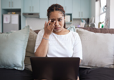 Buy stock photo Stress, sad and student crying with laptop alone thinking of bad news, depression and report deadlines. Burnout, anxiety and depressed girl working at home frustrated with mistakes, fail and fear