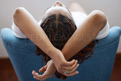 Buy stock photo Peace, home and girl relax in chair for positive mindset, freedom and mental health wellness back view. Calm black woman sleeping on stool for mental wellbeing, health or stress relief while dreaming