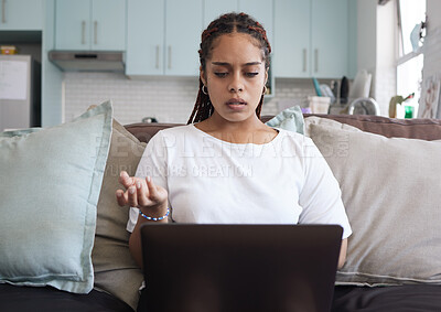 Buy stock photo Confused business woman with laptop online 404 error, technology fail or network connection in her home. Young entrepreneur with digital problem, email mistake or job stress working on pc and sofa