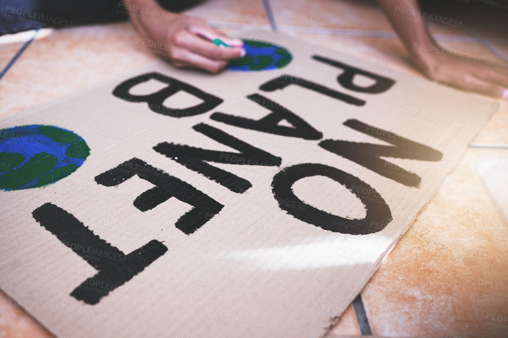 Buy stock photo Hands, global warming and protest writing on cardboard woman support environment sustainability, clean energy and climate change. Woman with problem banner for planet co2 eco friendly solution rally