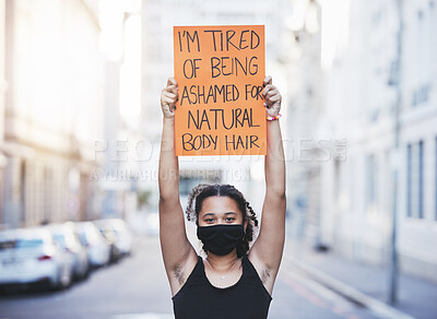 Buy stock photo Women human rights, hair removal choice and protest, rally and feminist revolution against beauty standards, freedom and gender equality. Woman showing hairy body armpit, justice and poster opinion