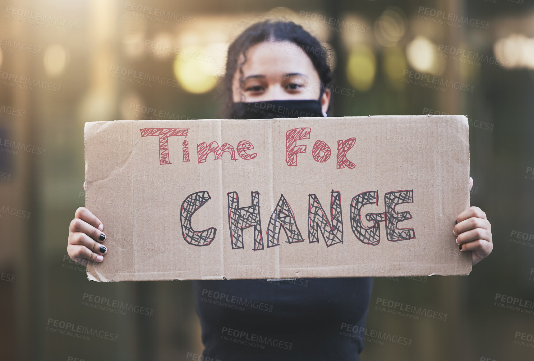 Buy stock photo Woman, protest and sign for change in human rights, gender based violence or equality against a bokeh background. Female activist protesting holding billboard message to voice community improvement
