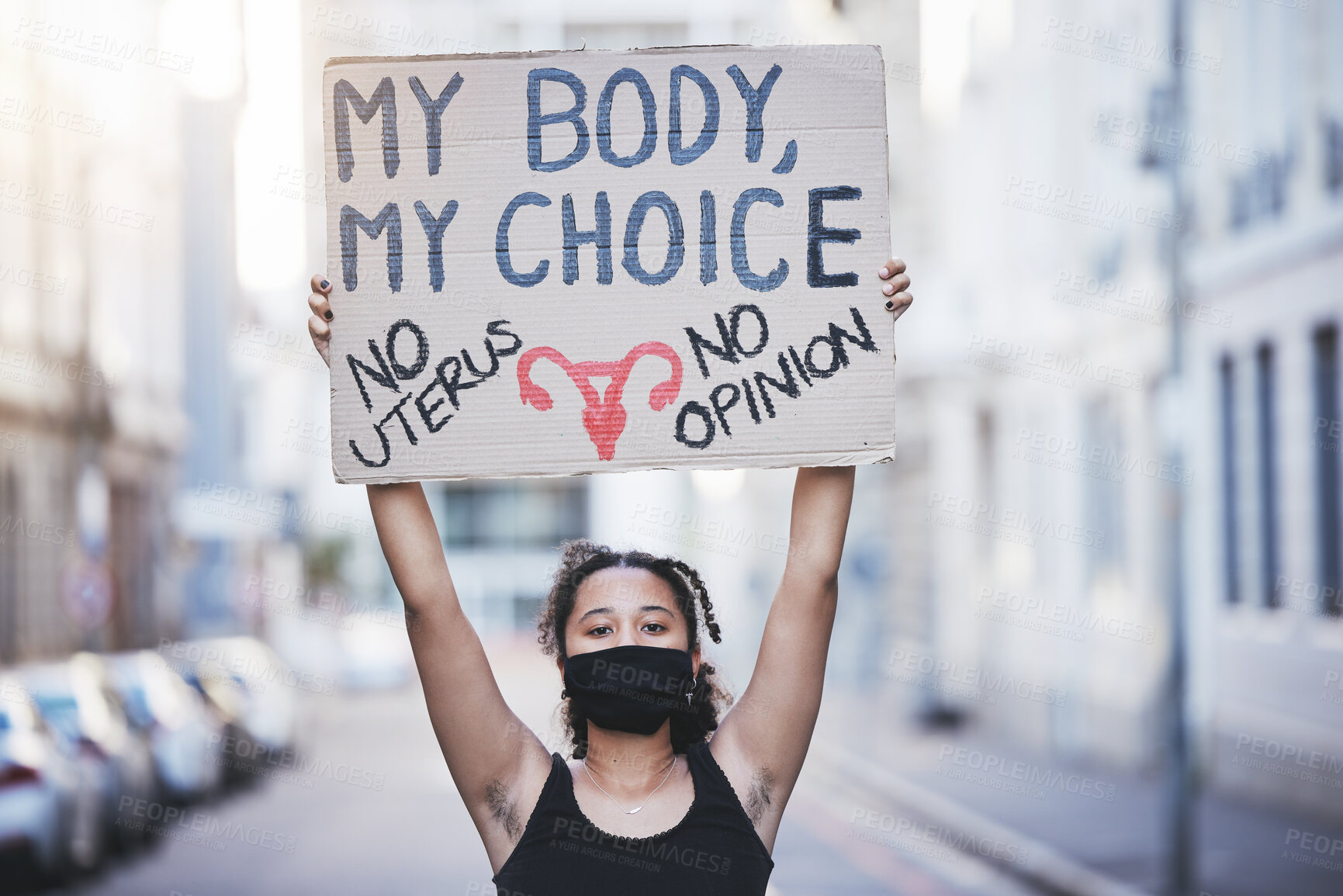 Buy stock photo Freedom, protest and abortion with a woman and a poster, fighting for human rights and gender equality. Justice, change and banner in the hands of a young female marching for social justice