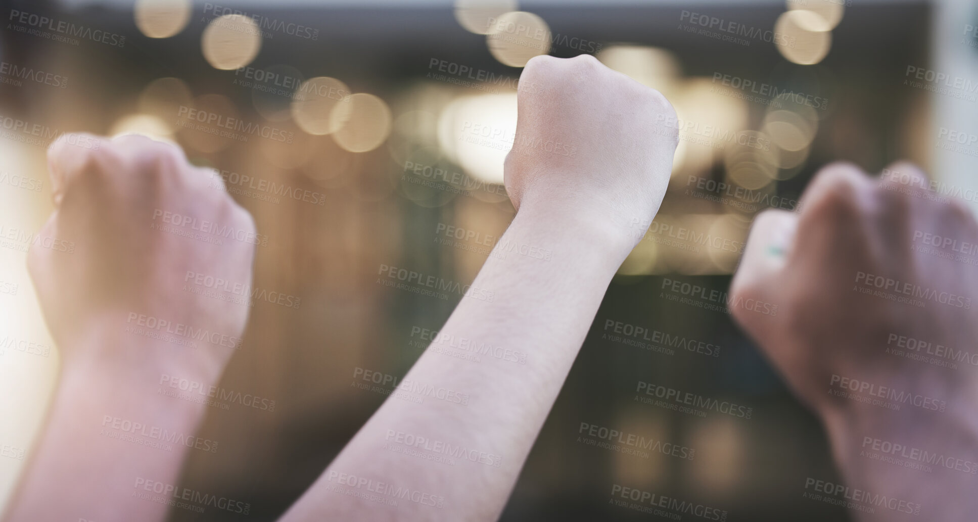 Buy stock photo Ukraine war, activism and fist of power in solidarity with soldier and world peace by diverse group of people of the public. Community, justice and support by group hand sign of freedom and protest