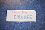 Climate change, poster or billboard banner on protest cardboard sign for planet earth, world sustainability or globe security. Abstract zoom on future global warming or eco environment on city street