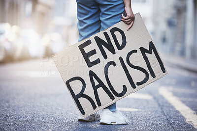 Buy stock photo Protest poster to end racism, stop race discrimination and human rights legal justice, equality and freedom for world peace. Street activist fight for social change, rally and solidarity revolution