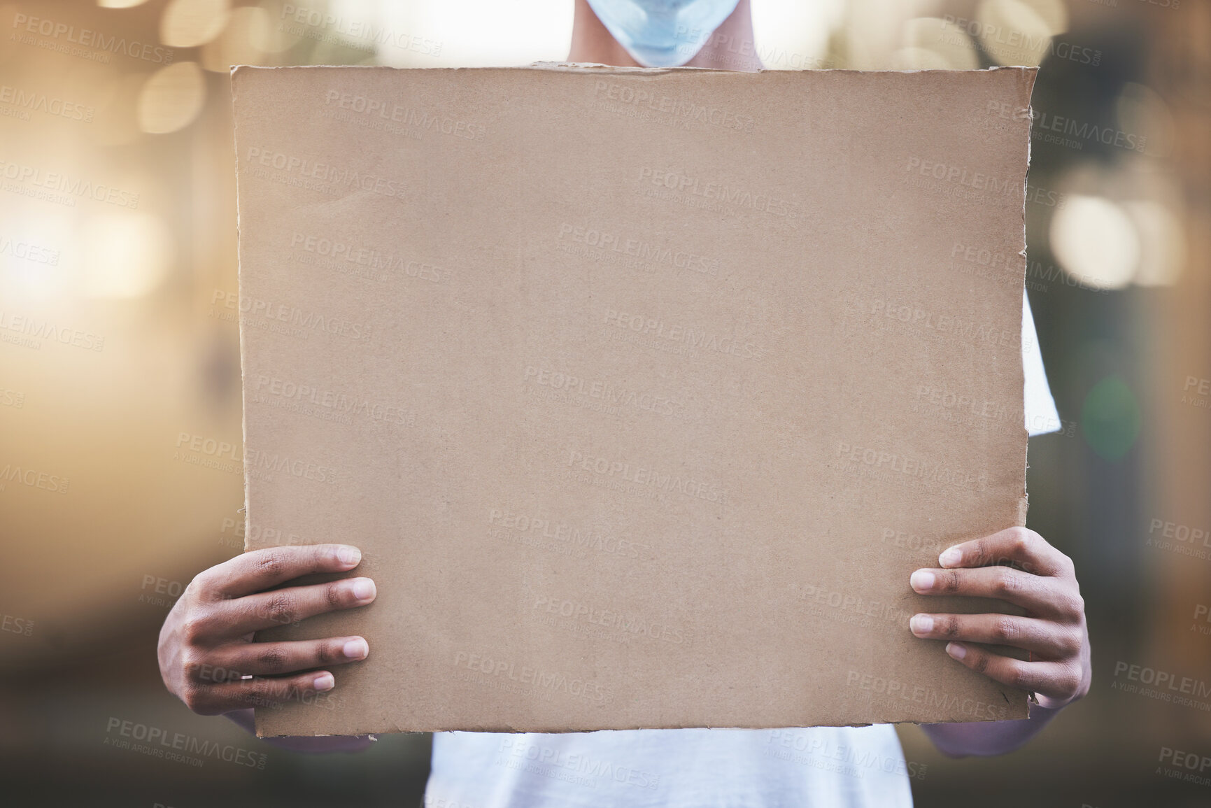 Buy stock photo Black man, covid protest or mockup poster on billboard for climate change, planet earth or world healthcare. Volunteer with mask, abstract zoom or mock up global warming pollution on protest banner