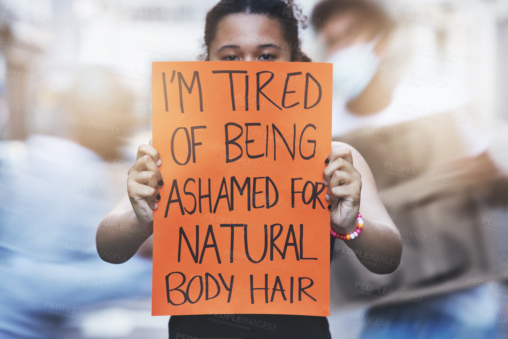 Buy stock photo Poster, woman protest and body hair positive freedom with cardboard sign for change in feminism or equality. Protesting, female activist and banner to voice or support no shame no shame movement