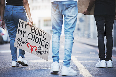 Buy stock photo Body sign, abortion protest and people walking for legal justice, freedom of choice and support for law in city. Woman and man at supreme court for activism against constitution rights with poster