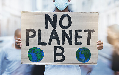 Buy stock photo Climate change and protest poster for social change with environmental responsibility motivation. Global warming and pollution awareness campaign activism sign with thoughtful political statement. 