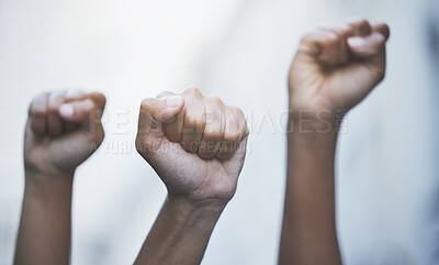 Buy stock photo Fist hands to protest, rally and justice from government law, corruption and politics for freedom, power and human rights equality. Crowd of people fight for global revolution, change and stop racism
