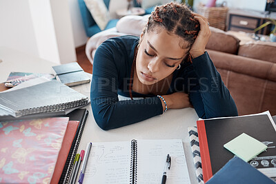 Buy stock photo Burnout, tired and fatigue student sleeping at desk while studying for college, school or university exam. Woman scholarship scholar sleep while doing education research for project or assignment