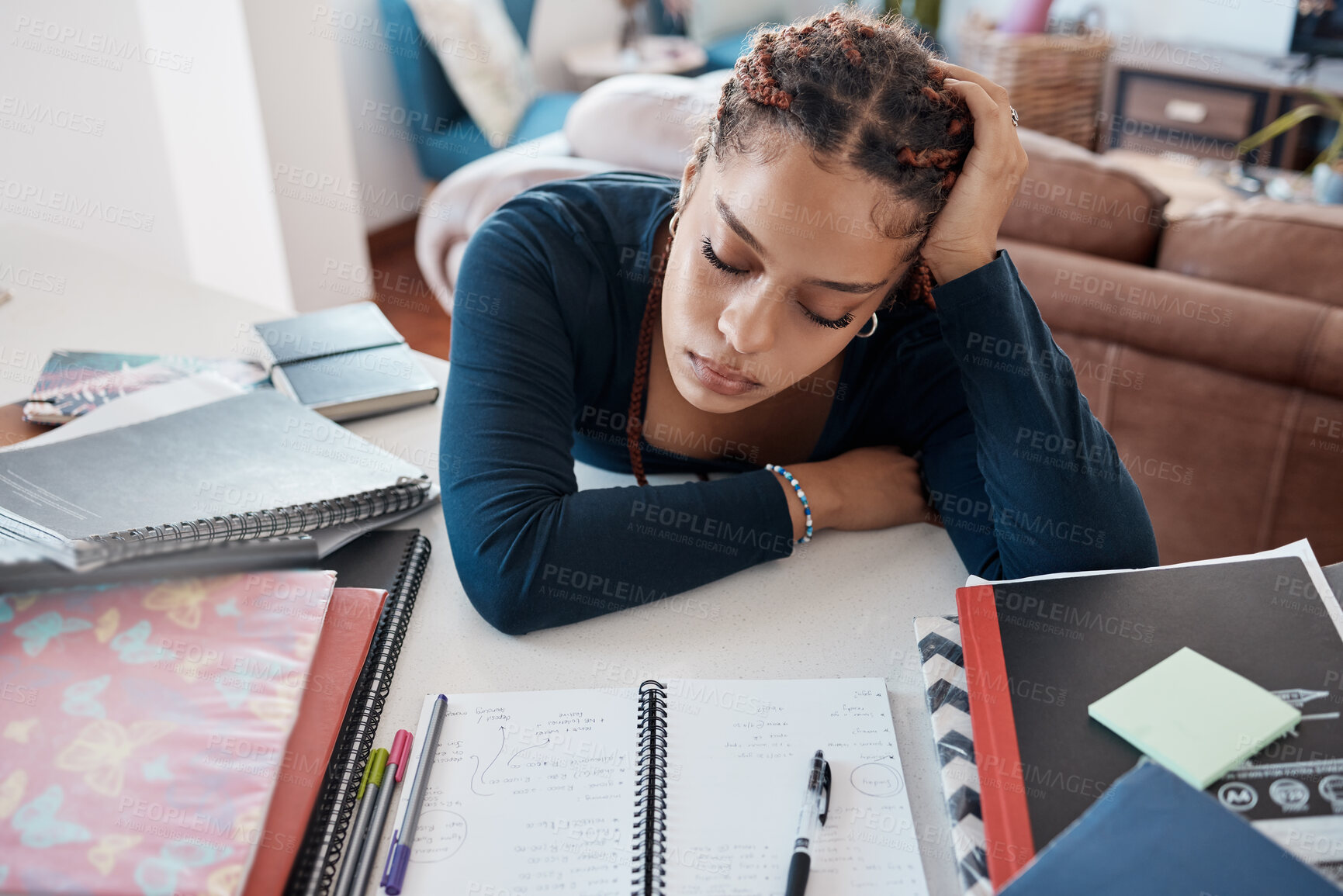 Buy stock photo Burnout, tired and fatigue student sleeping at desk while studying for college, school or university exam. Woman scholarship scholar sleep while doing education research for project or assignment