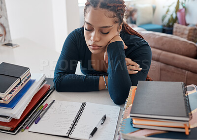 Buy stock photo Study, home and sleep for student with books, textbook and notebook for university, college or school studies. Education, learning or tired black woman sleeping after studying hard for knowledge test