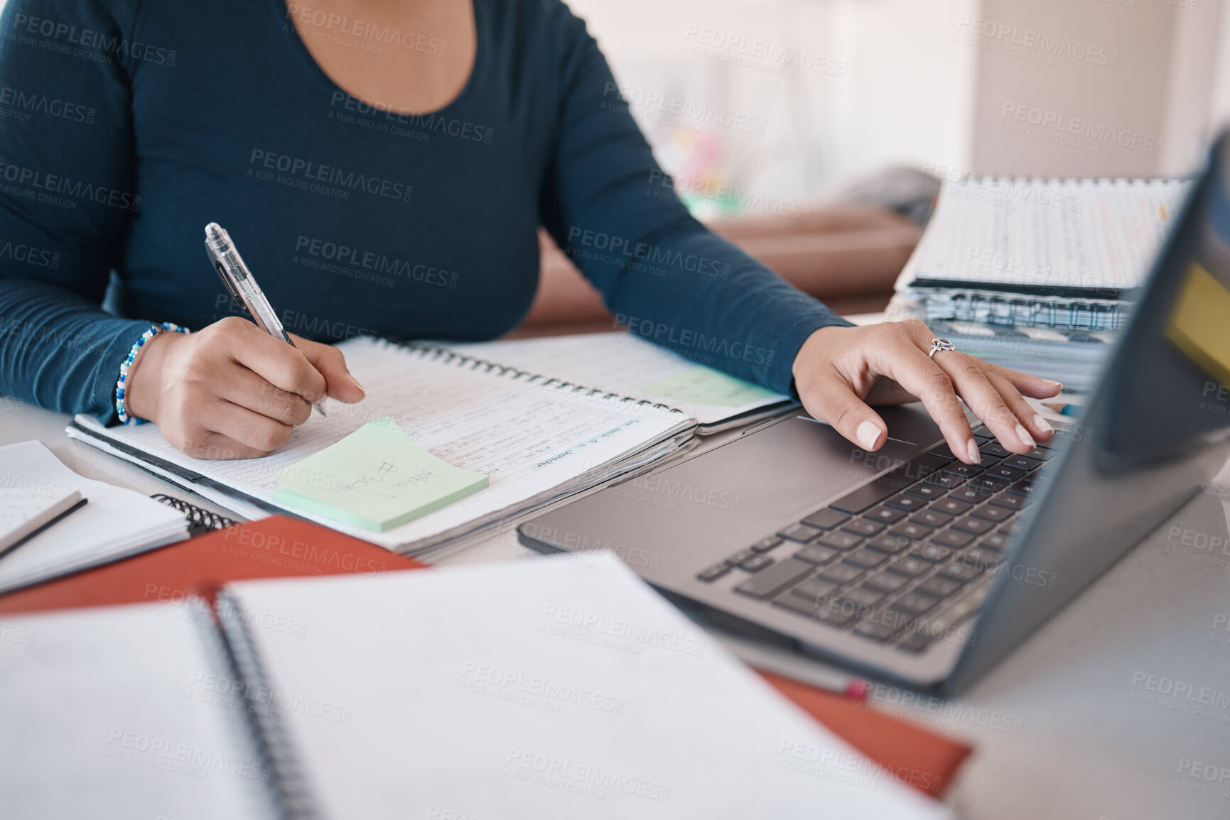 Buy stock photo Notebook, laptop and writing hands of black woman or accounting financial consultant in home office working online. Consulting person studying internet market economy with loan finance document notes