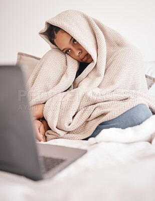 Buy stock photo Laptop, mental health problem and insomnia woman from Rome feeling sad on a bed with depression. Depressed person with a computer in a house bedroom blanket with stress, sick or with anxiety at home 